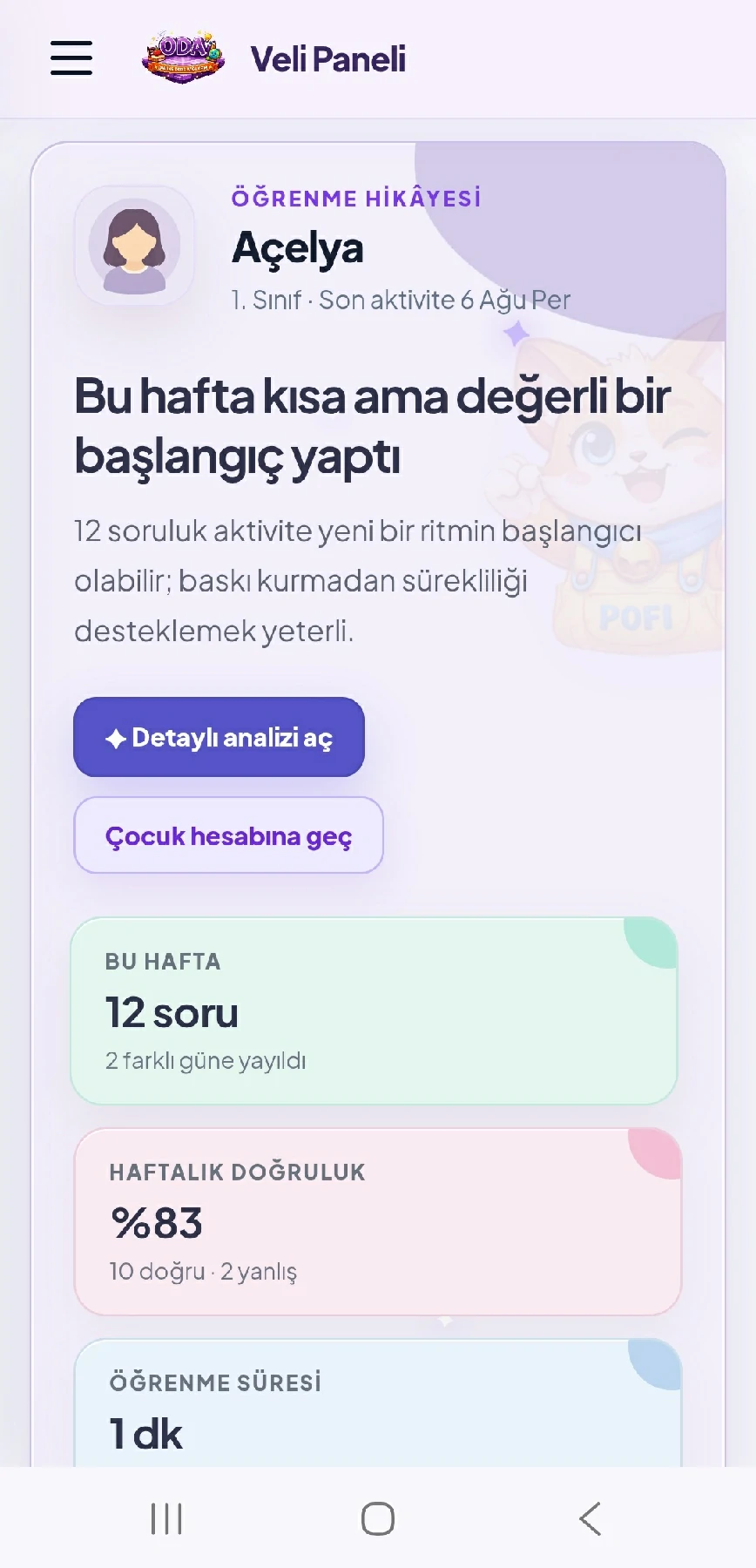 Öğrenci gelişim paneli ekranı